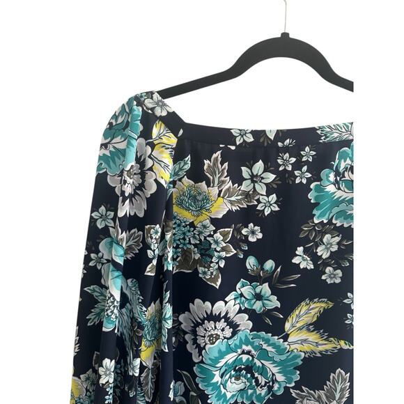 LOFT Blouse Top Large Navy Teal Yellow Floral Paisley Lightweight Casual #5412 - Picture 7 of 11